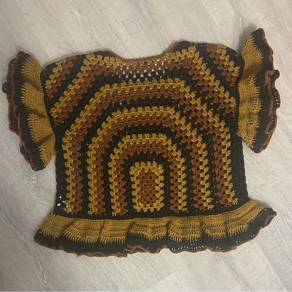 Zara Sz M Multicolour Brown and Black Crochet Top Ruffles - Picture 4 of 9